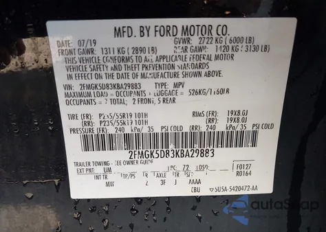 2019 Ford Flex Limited from USA, damaged, VIN 2FMGK5D83KBA29883